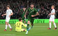 Troy Parrott of Republic of Ireland celebrates scoring his team&rsquo;s first goal