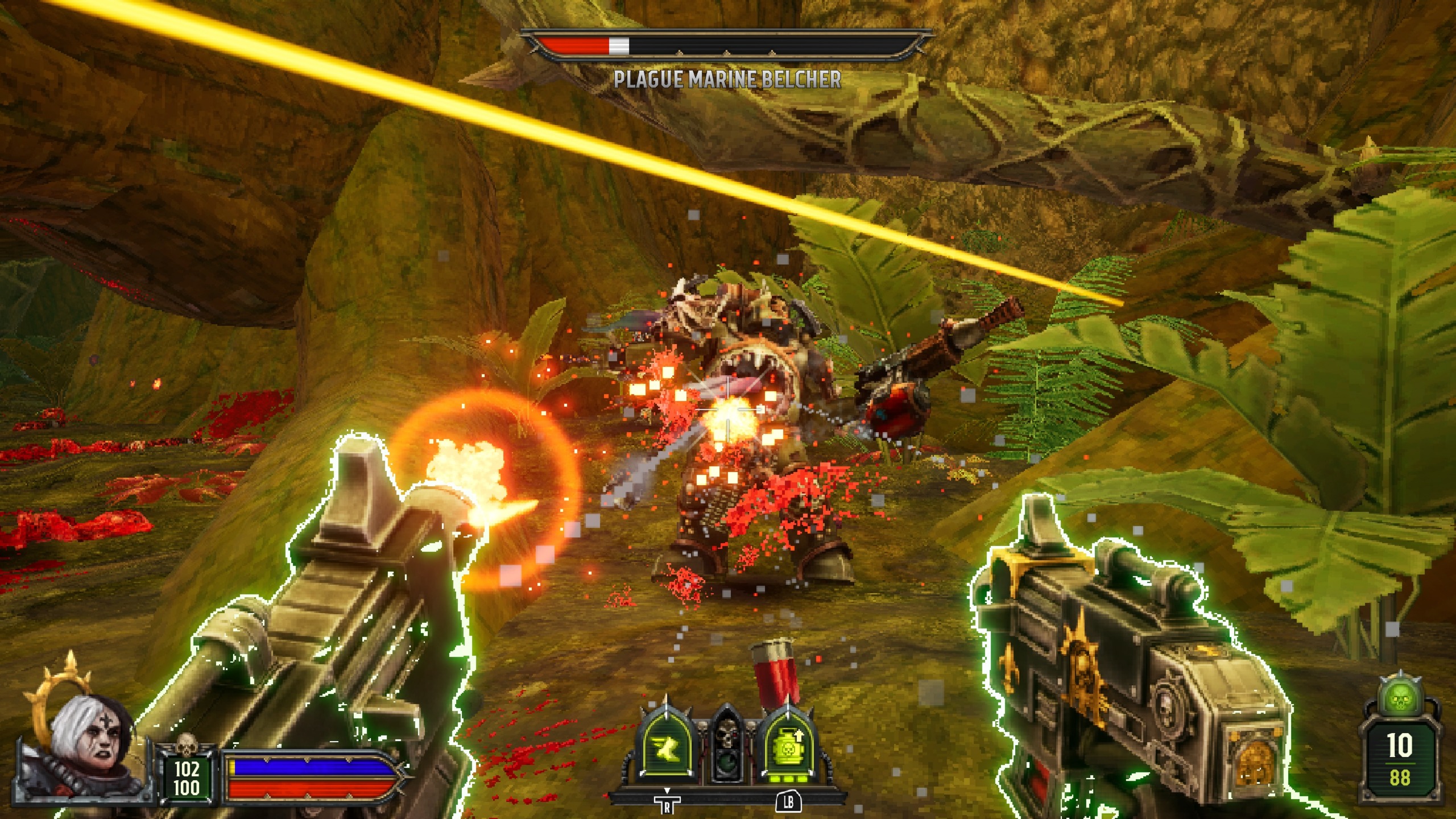 First-person shooter battle in a lush jungle: dual guns fire at a hulking armored enemy amid sparks and blood, with health and ammo HUD visible.