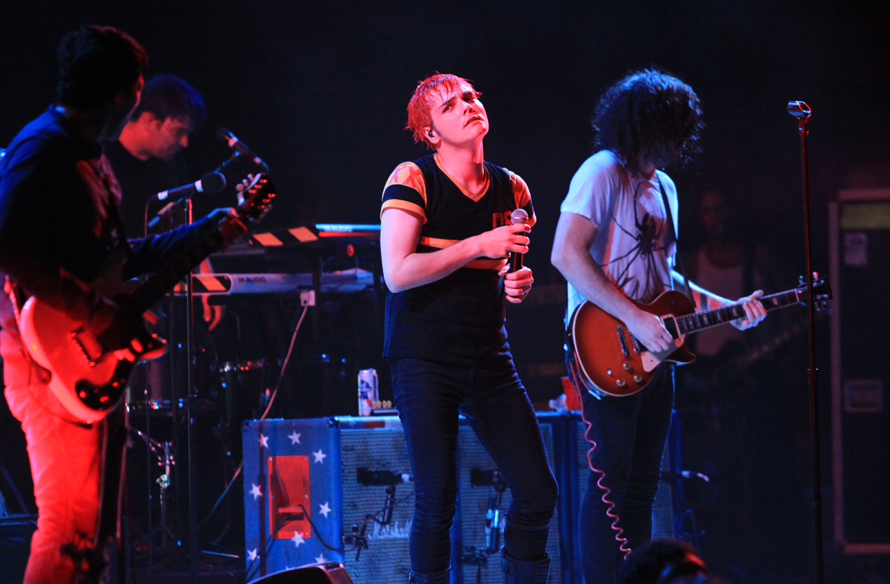 (left to right) Frank Iero, James Dewees, Gerard Way, and Ray Toro of My Chemical Romance perform at the First Midwest Bank Amphitheatre in Tinley Park, Illinois on August 20, 2011