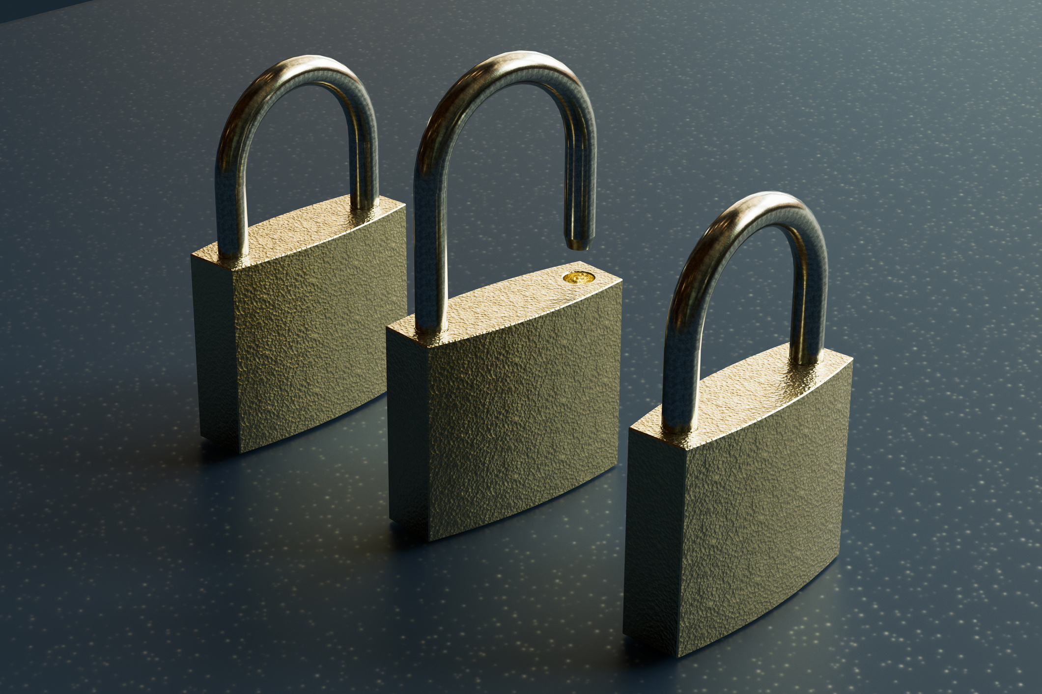 Three dimensional render of three simple padlocks