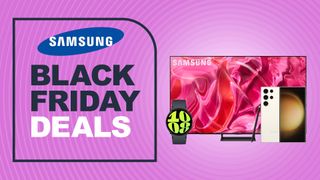 Samsung Q90C, Galaxy Watch 6, and Galaxy S23 Ultra on purple background with Black Friday deals text overlay