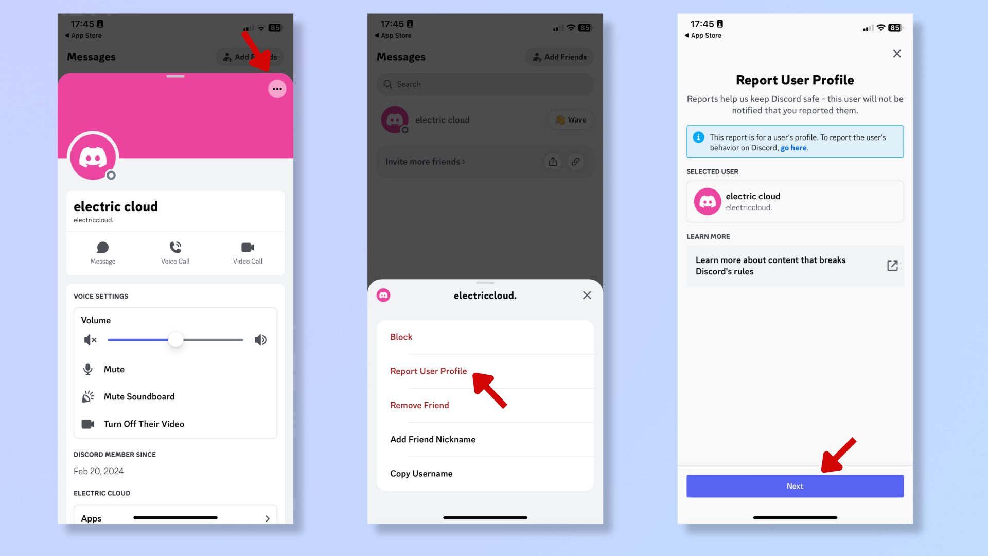 The first screenshot shows a user's profile card on the Discord app on iOS. The second screenshot has an arrow highlighting the Report User Profile button. And the third screenshot is of the Report User Profile menu with an arrow pointing at the Next button.