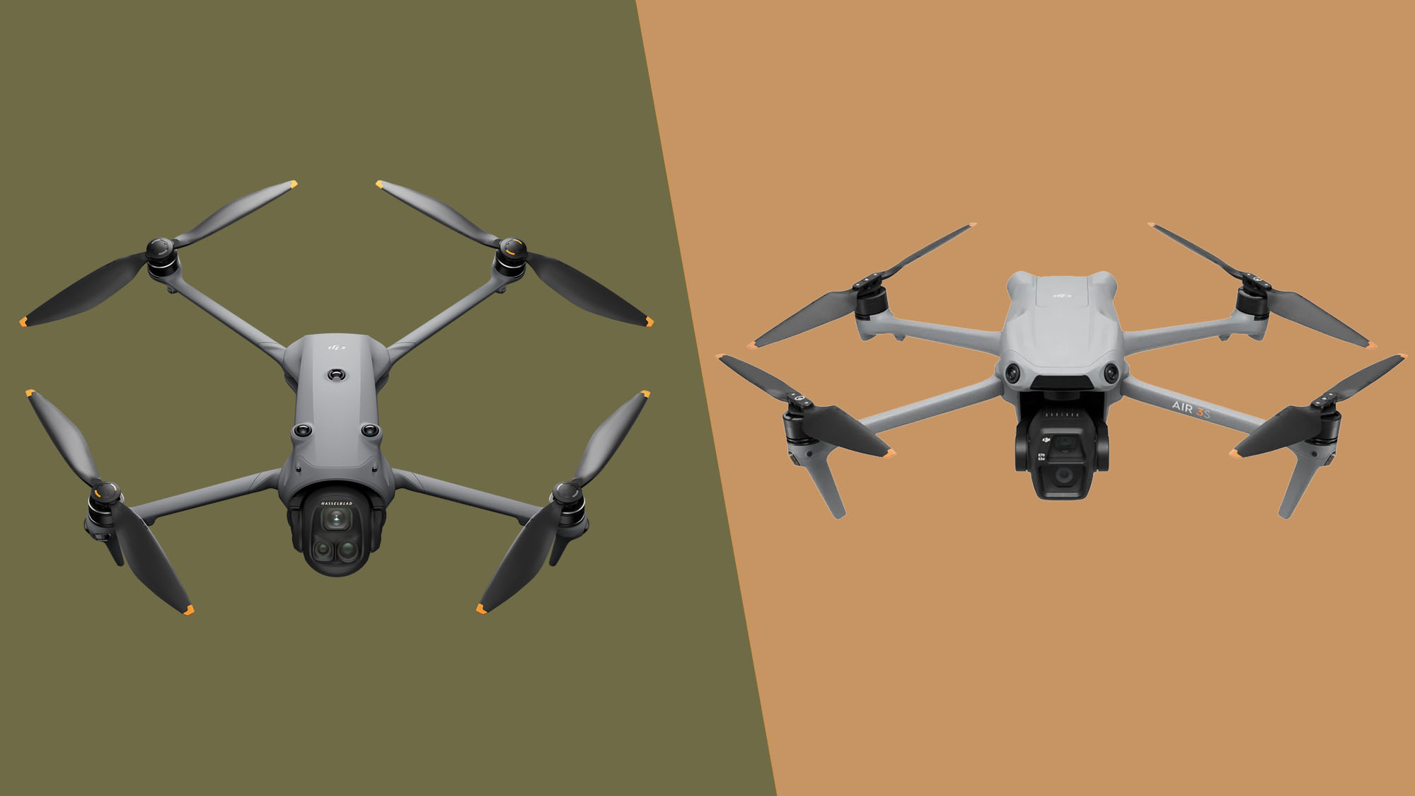 DJI Mavic 4 Pro alongside DJI Air 3S on split color backdrop