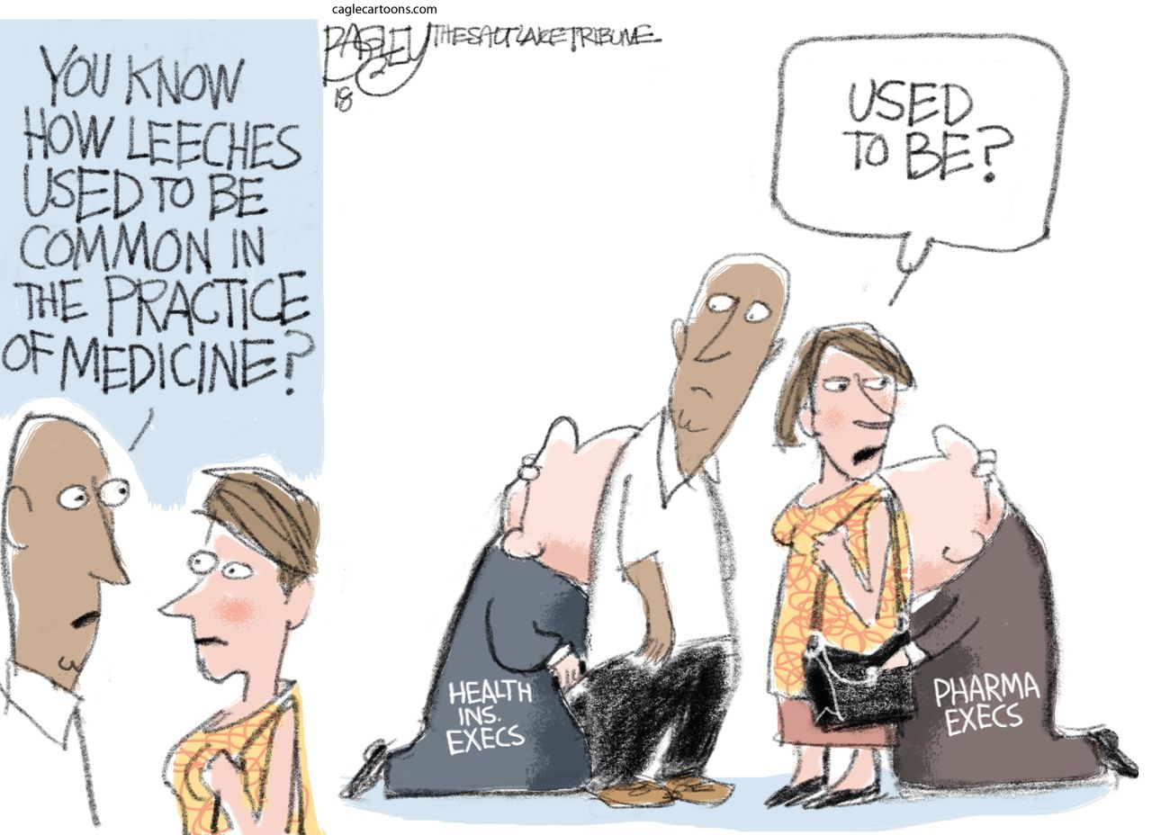 Political cartoon U.S. big pharmaceuticals health insurance leeches medicine