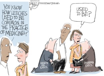 Political cartoon U.S. big pharmaceuticals health insurance leeches medicine