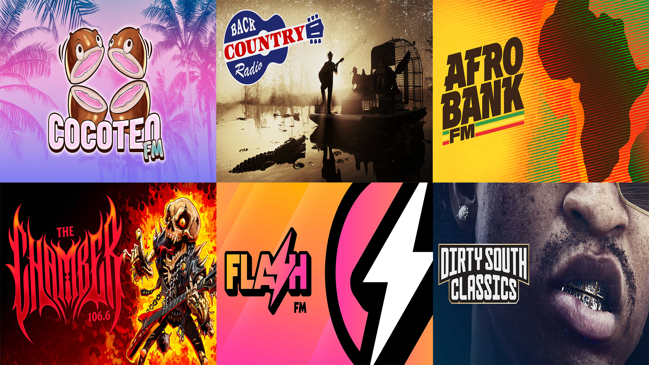 A composite image of the logos for the first six GTA 6 radio stations announced - Cocoteo FM, Back Country Radio, AfroBank FM, The Chamber 106.6, Flash FM, and Dirty South Classics
