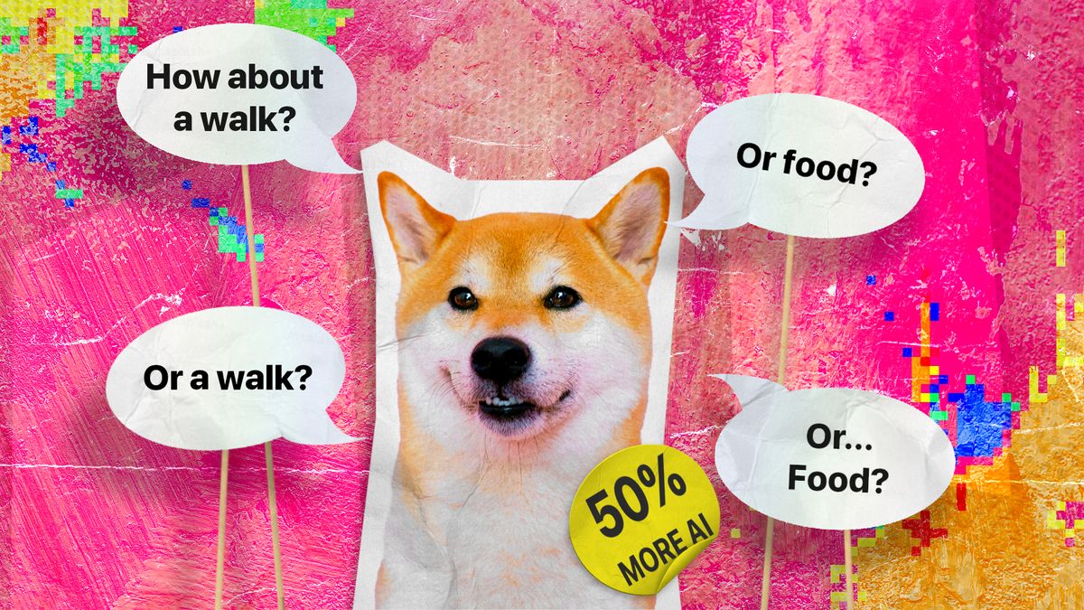 Colorful scrapbook styled punk pop-art image of a Shiba Inu dog saying various phrases through floating speech bubbles, with a &quot;50% more AI&quot; sticker on top of its cutout image.