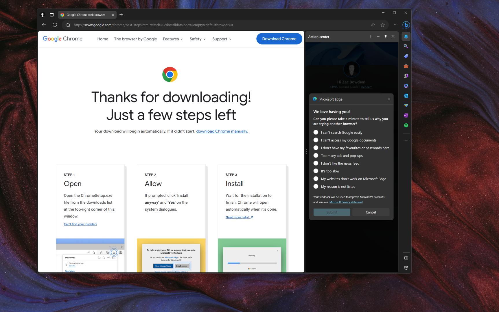 Microsoft Edge zeigt eine Umfrage an, wenn eine Person versucht, Google Chrome herunterzuladen.