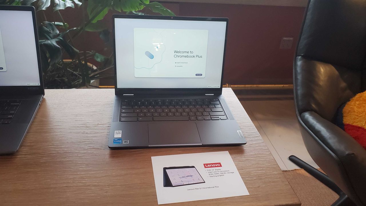 Chromebook Plus laptop on wooden table