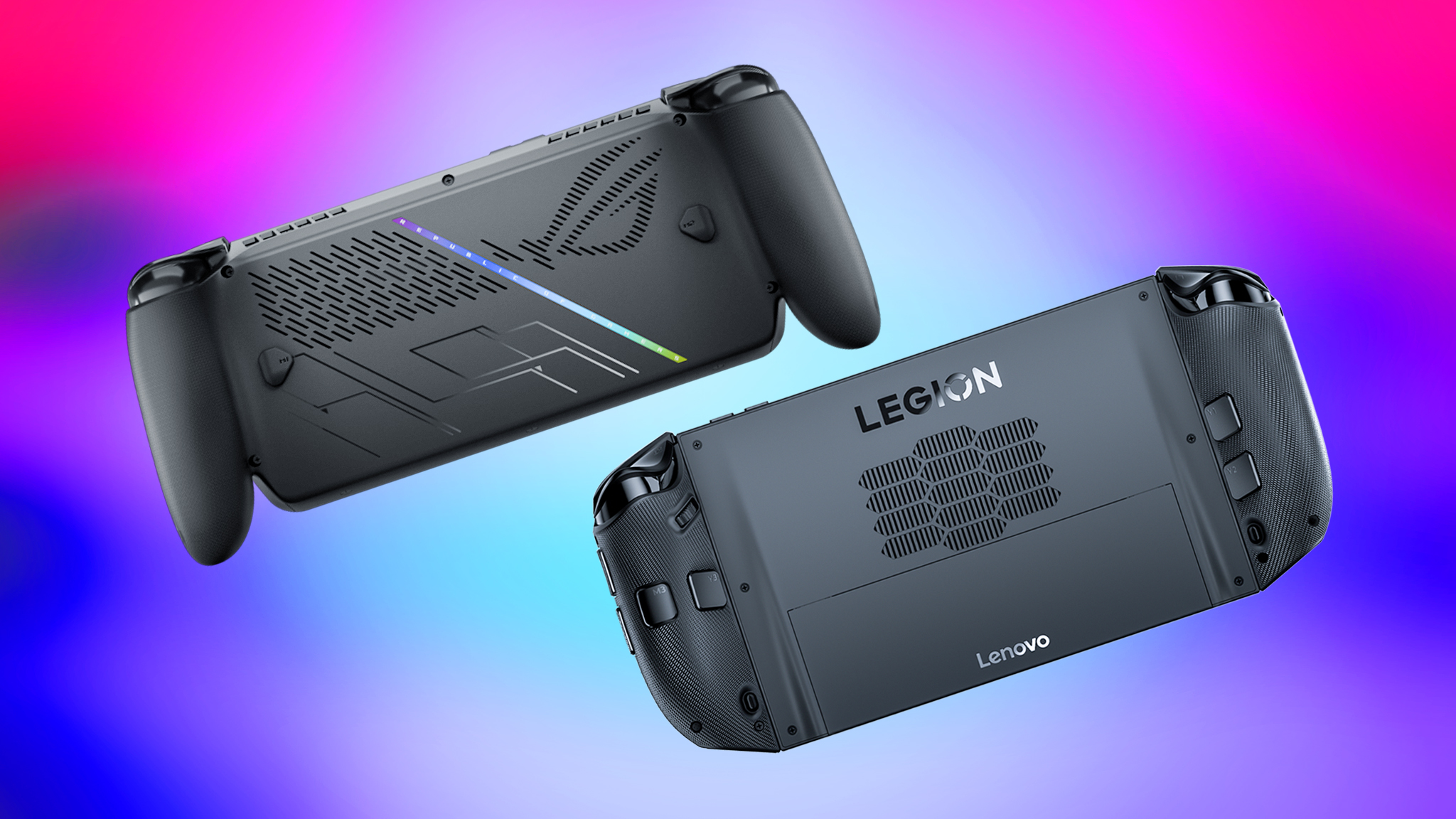 The backsides of the Xbox Ally X and Legion Go 2 (SteamOS) floating over a colorful background.