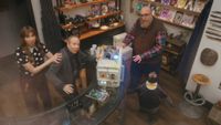 Denise, Stuart, Bert, and Penguin Kripke cower in fear of a demon.