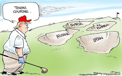 Political Cartoon U.S. President Trump golf foreign policy Russia North Korea Syria Iran