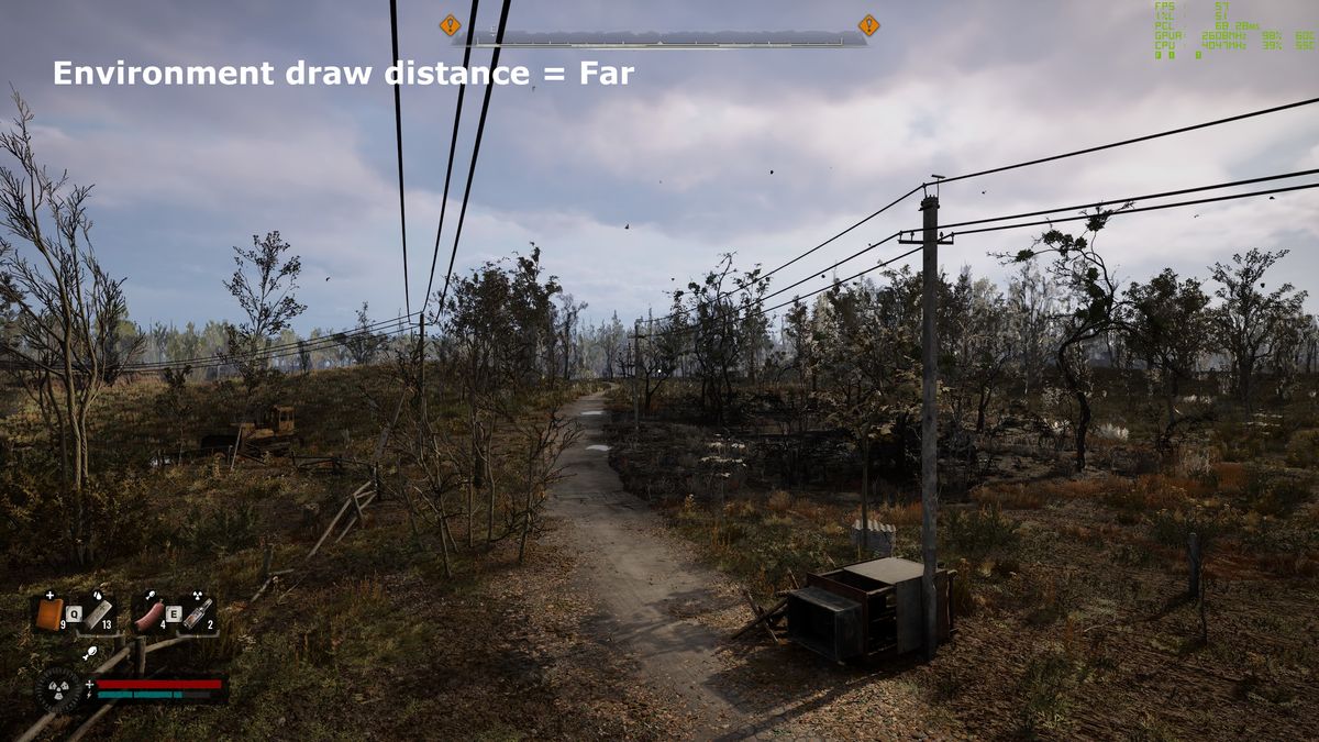 A screenshot of Stalker 2: Heart of Chornobyl, showing the impact of the use of environment draw distance