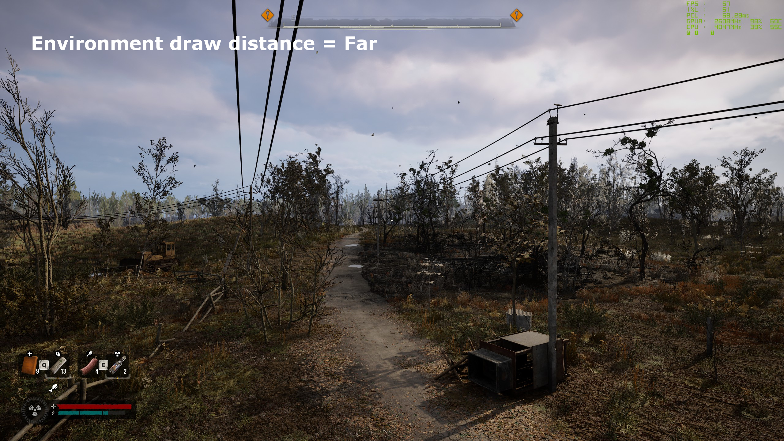 A screenshot of Stalker 2: Heart of Chornobyl, showing the impact of the use of environment draw distance