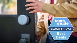 A photo of the August Smart Lock with a man holding the door 