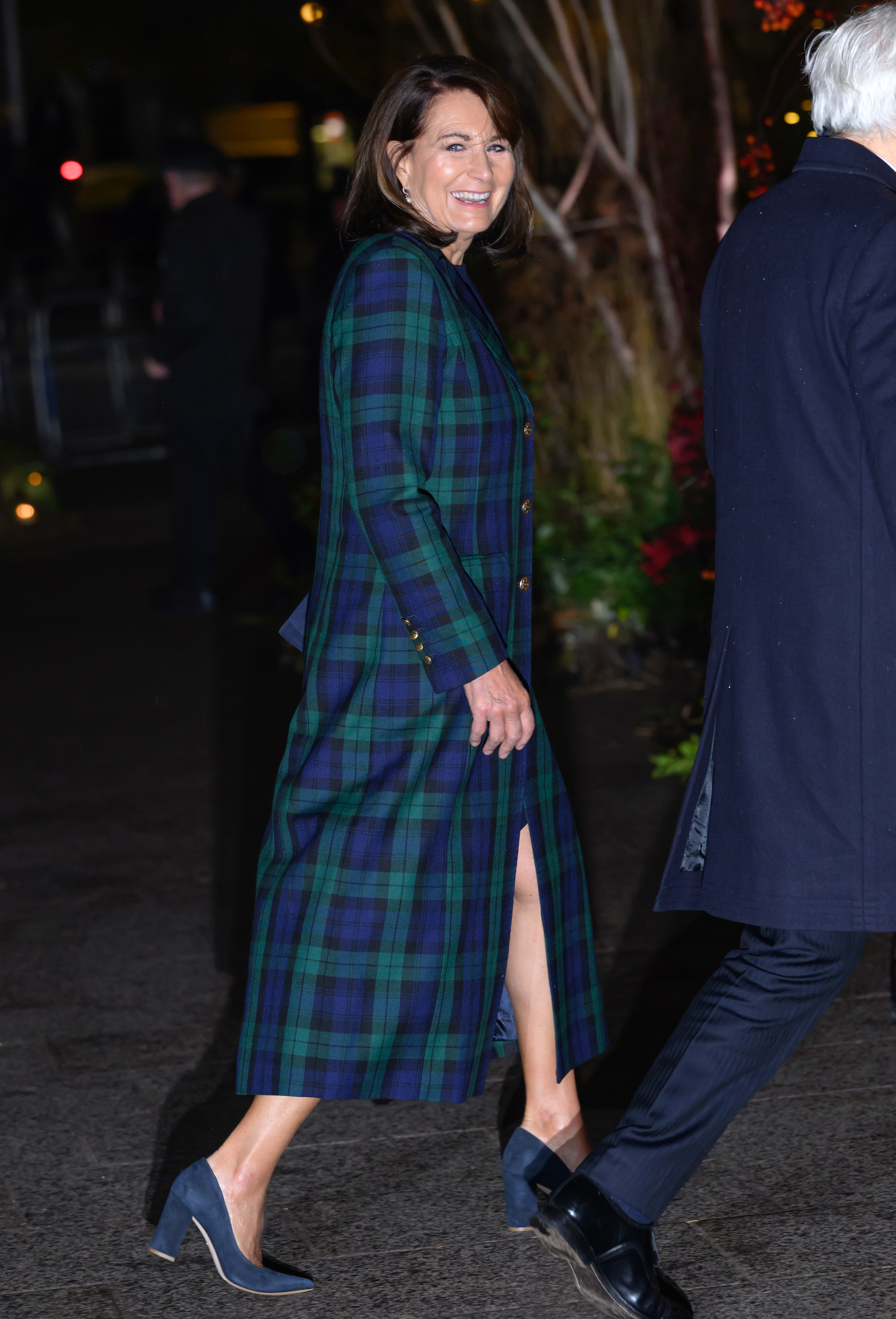 Carole Middleton wearing a black watch tartan coat