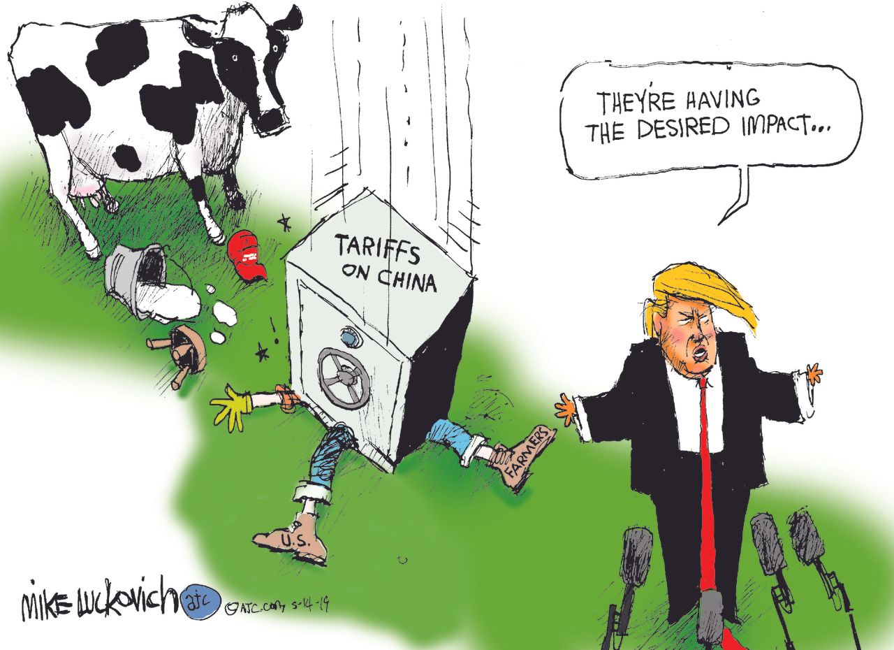 Political Cartoon U.S. China tariffs impact on farmers