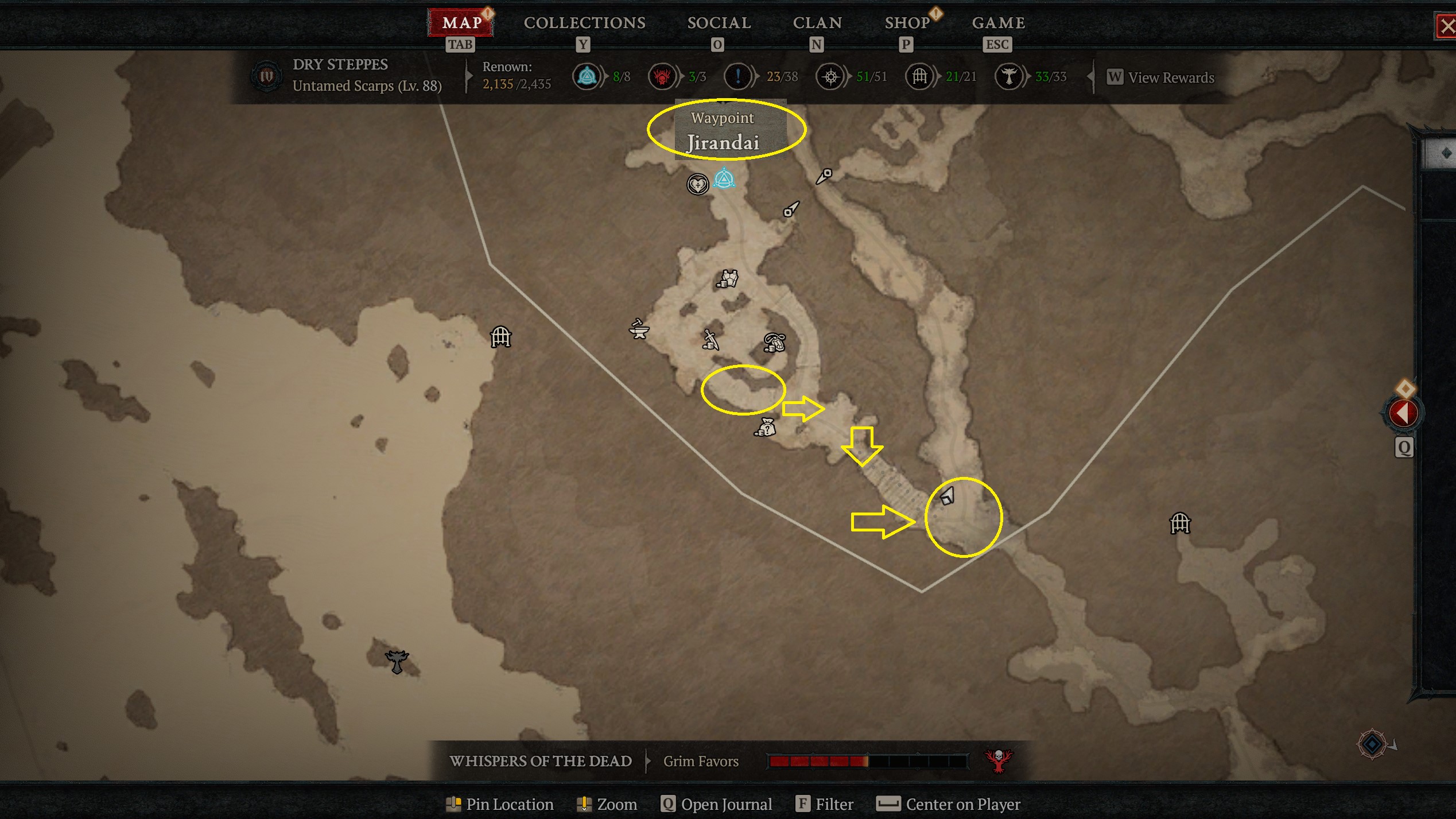 Карта, показывающая местонахождение животных в Diablo 4