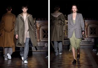Sharon Wauchob S/S 2019 - Models wear khaki trench and tailored trousers, jacket and green dress