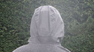 Rear view of man's head wearing cycling jacket hood in front of hedge