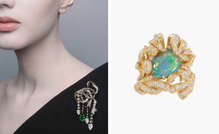 Left, Dior à Versailles, Brigitte Niedermair for Dior. Right, ’Petit Panache Opal’ ring in yellow gold, with diamonds and black opals