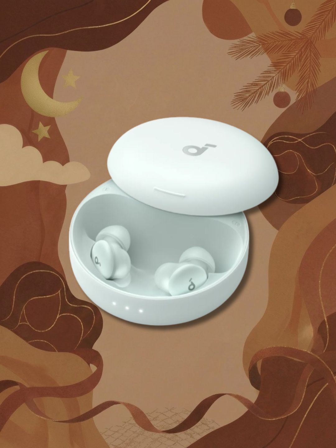 Soundcore Sleep earbuds in case on brown Christmas abstract graphic background 