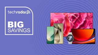 Assorted Samsung products on purple background with big savings text overlay