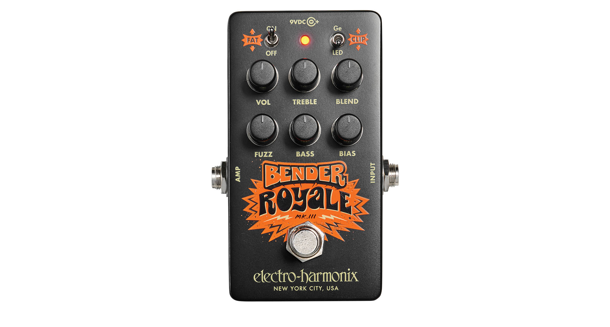 Electro-Harmonix Bender Royale &amp;ndash; the feature-packed fuzz pedal is finished in a black enclosure with orange graphics/text, and is photographed here in warm tones against a wooden background.