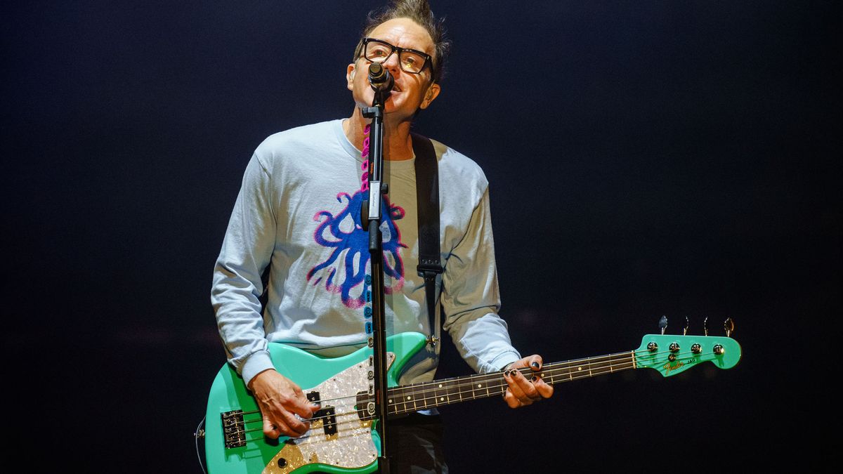 Mark Hoppus of Blink 182 performs during Lollapalooza at Grant Park on August 04, 2024 in Chicago, Illinois.