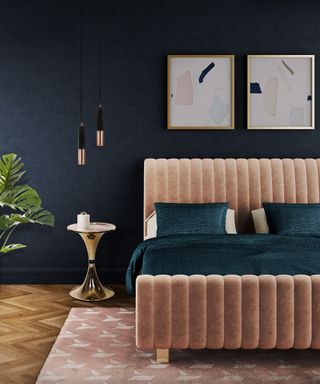 blue bedroom with pink bed