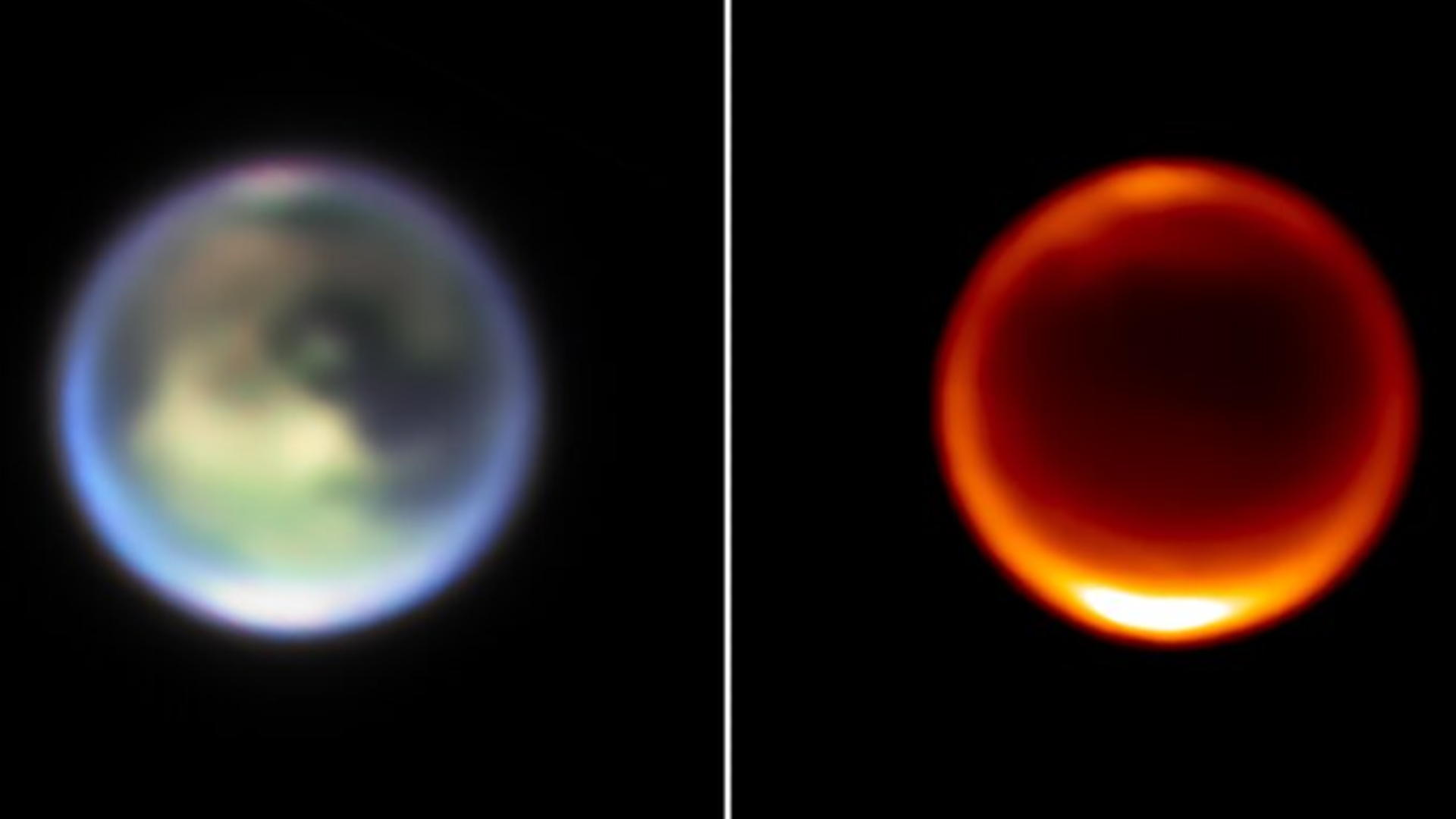 two images of an orb; one is blue and green and one are red lined with whites and oranges along their edges