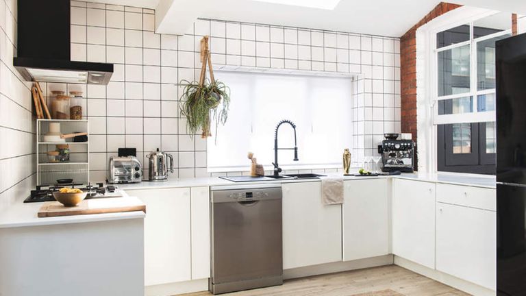 A modern white kitchen with dishwasher appliance