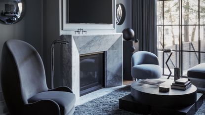 a dark gray monochromatic living room 