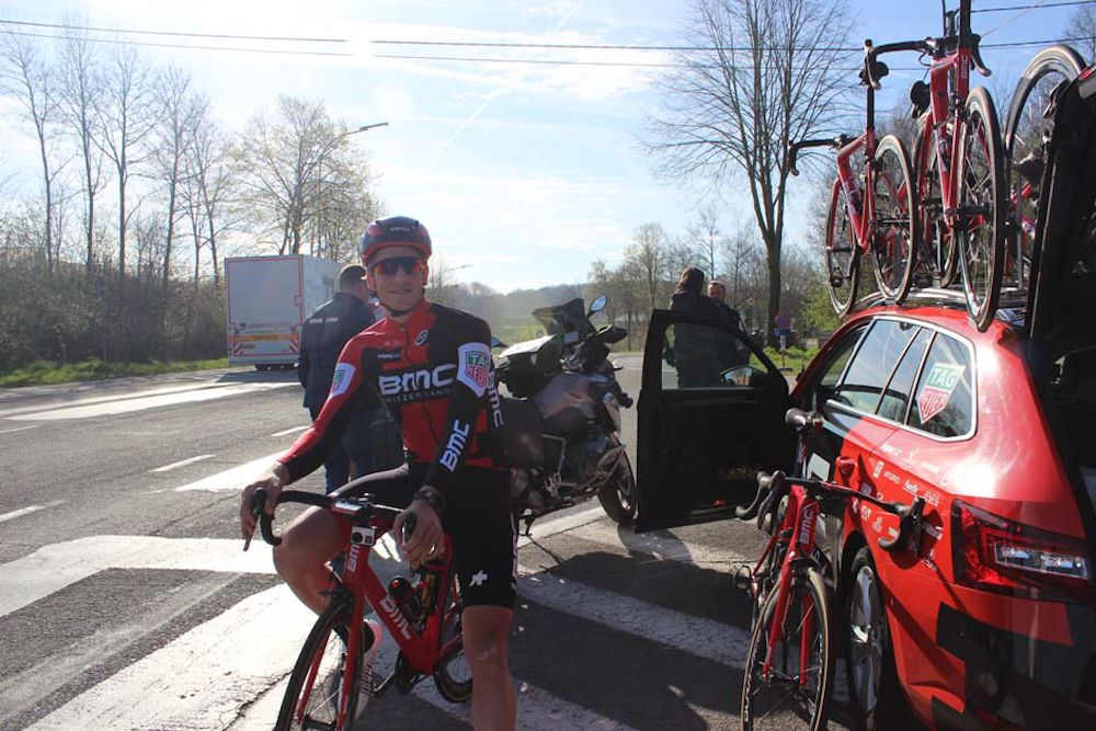 Stefan Kung waiting at the start point, on the side of the road