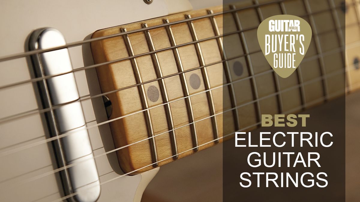 Close up of a set of electric guitar strings on a Telecaster guitar