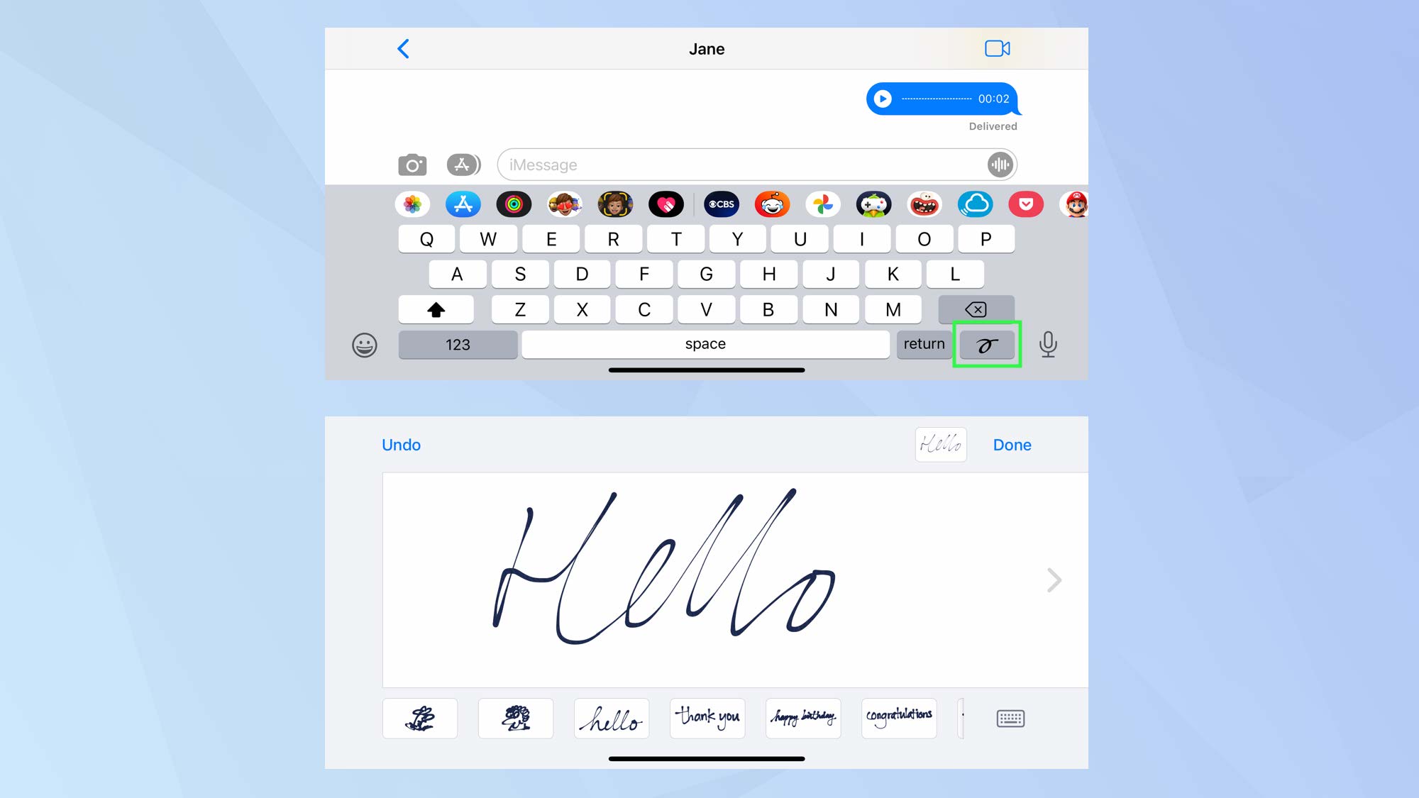 Screenshot on iOS Messages app showing handwritten message on keyboard