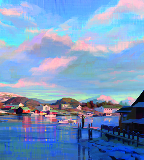 Create cinematic environments; Houses next to water with boats