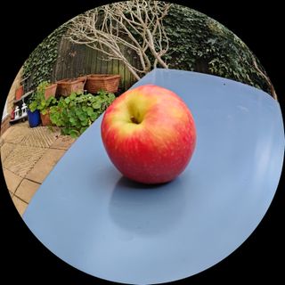 A fish-eye style photo of an apple taken with the Realme GT 2 Pro