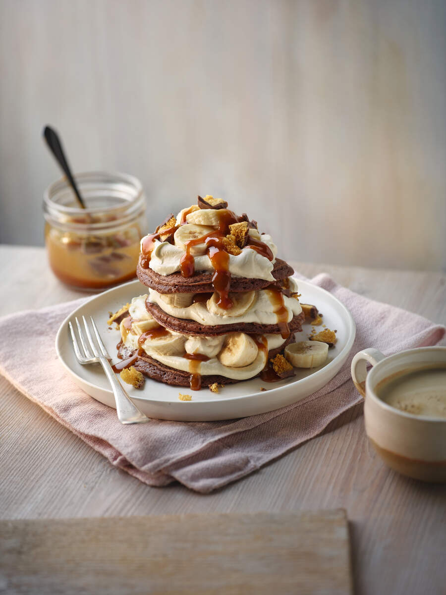 Banoffee pancake stack with bananas and caramel