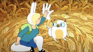 A still from Adventure Time: Fionna and Cake showing the two characters high-fiving.