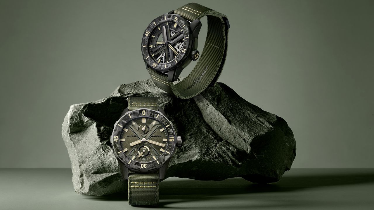 The Ulysse Nardin OPS and the Ulysse Nardin Diver X Skeleton OPS on a rock