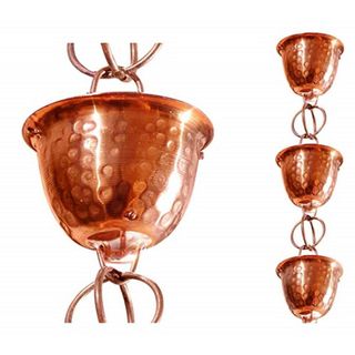 Hammered copper cups rain chain with four way rings between