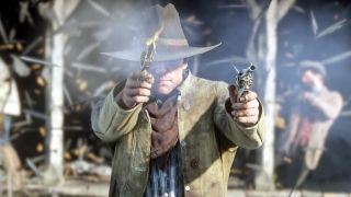 Red Dead Redemption 2 protagonist Arthur Morgan fires two revolvers into the camera.