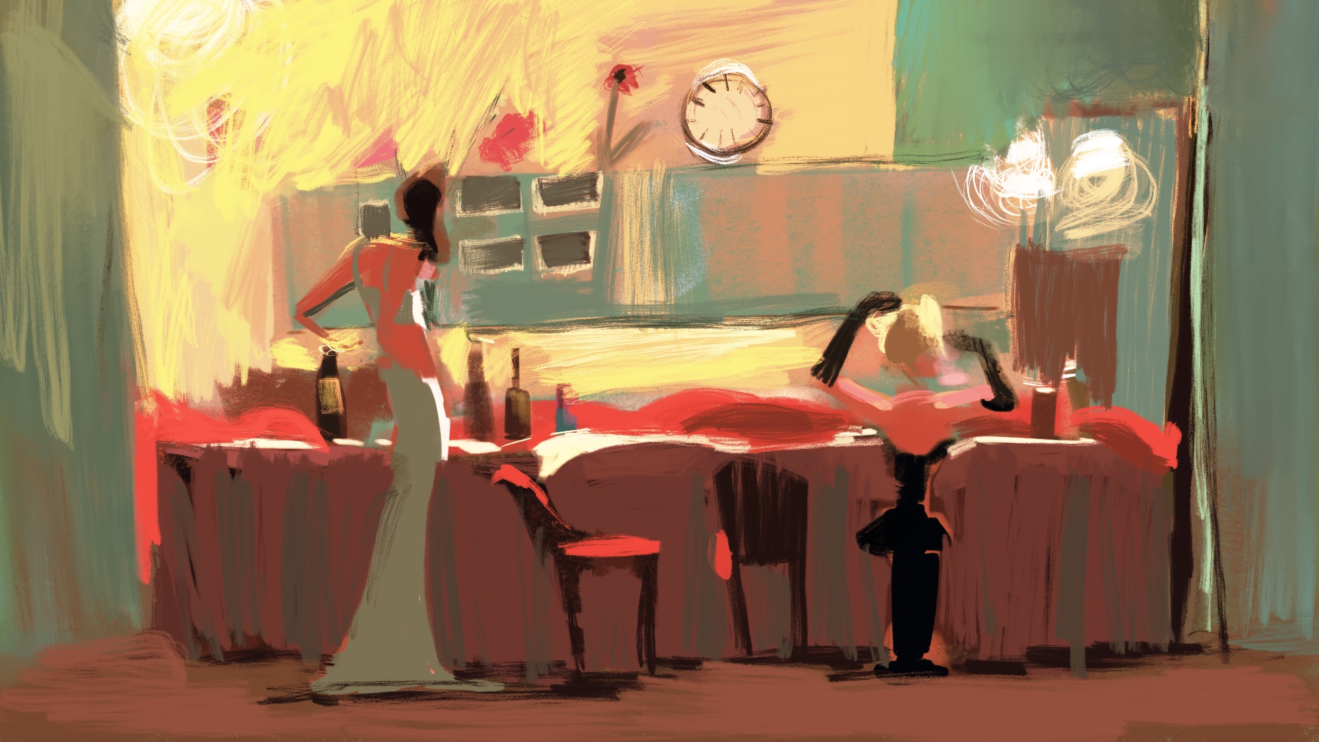 Painted sketch of women putting on makeup