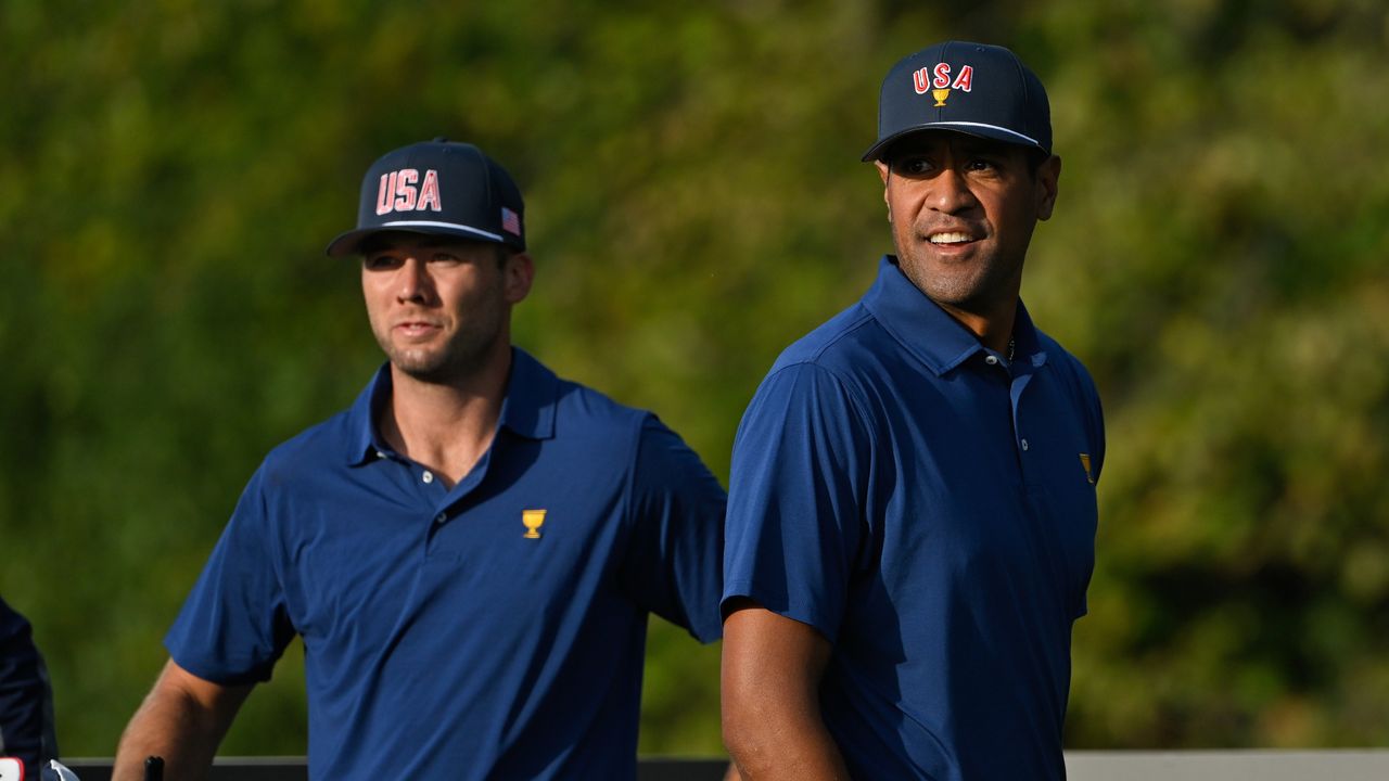 Sam Burns and Tony Finau in a practice round before the 2024 Presidents Cup