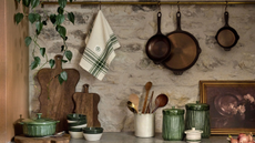 a kitchen countertop with pots hanging from a rail, wooden cutting boards, a spoon holder, a few storage containers, a hanging washcloth, and a painting leaning against the wall