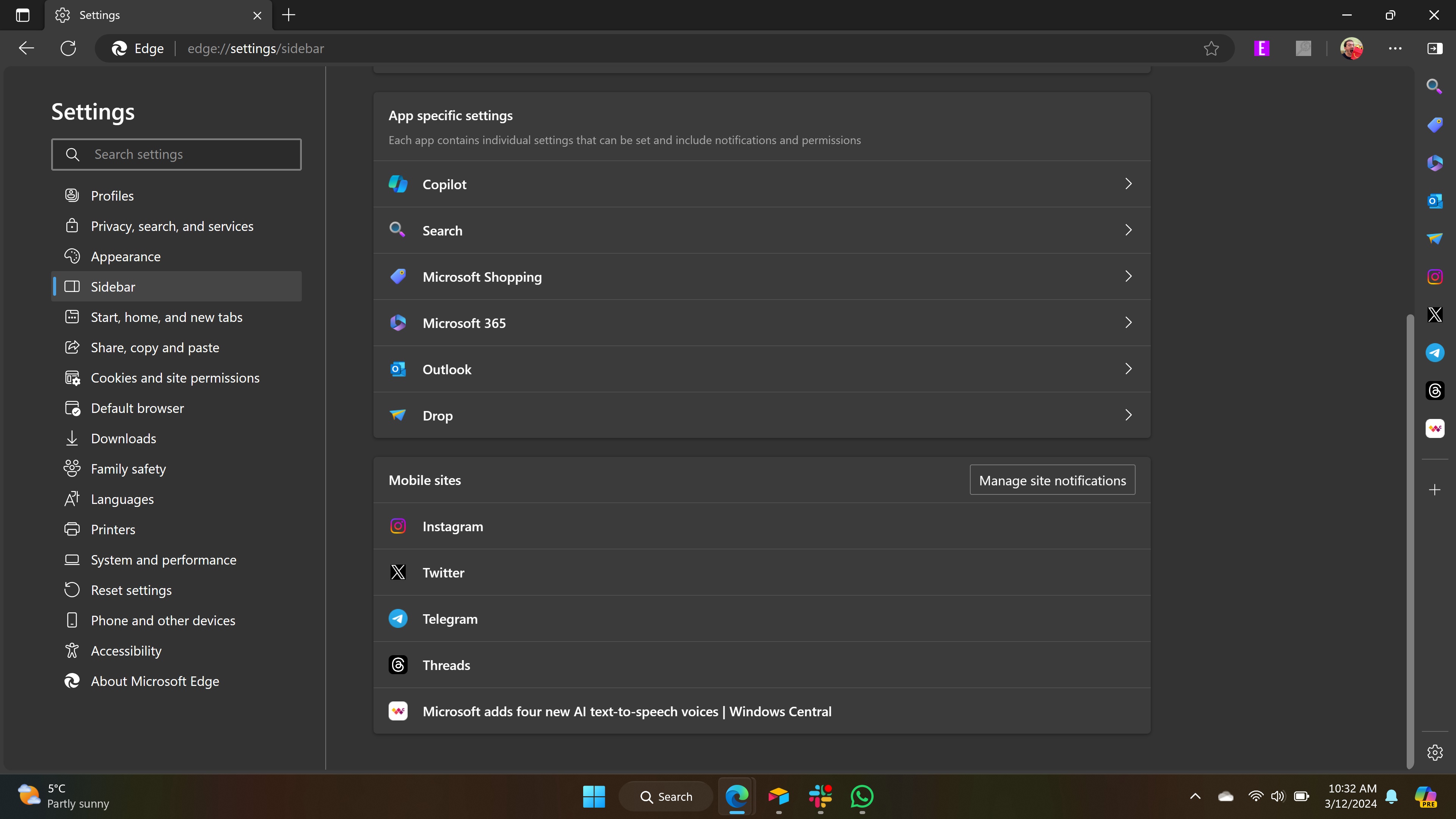 Microsoft Edge Sidebar settings