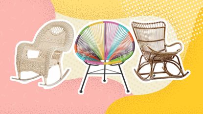 A trio of outdoor rocking chairs on a yellow and pink graphic background