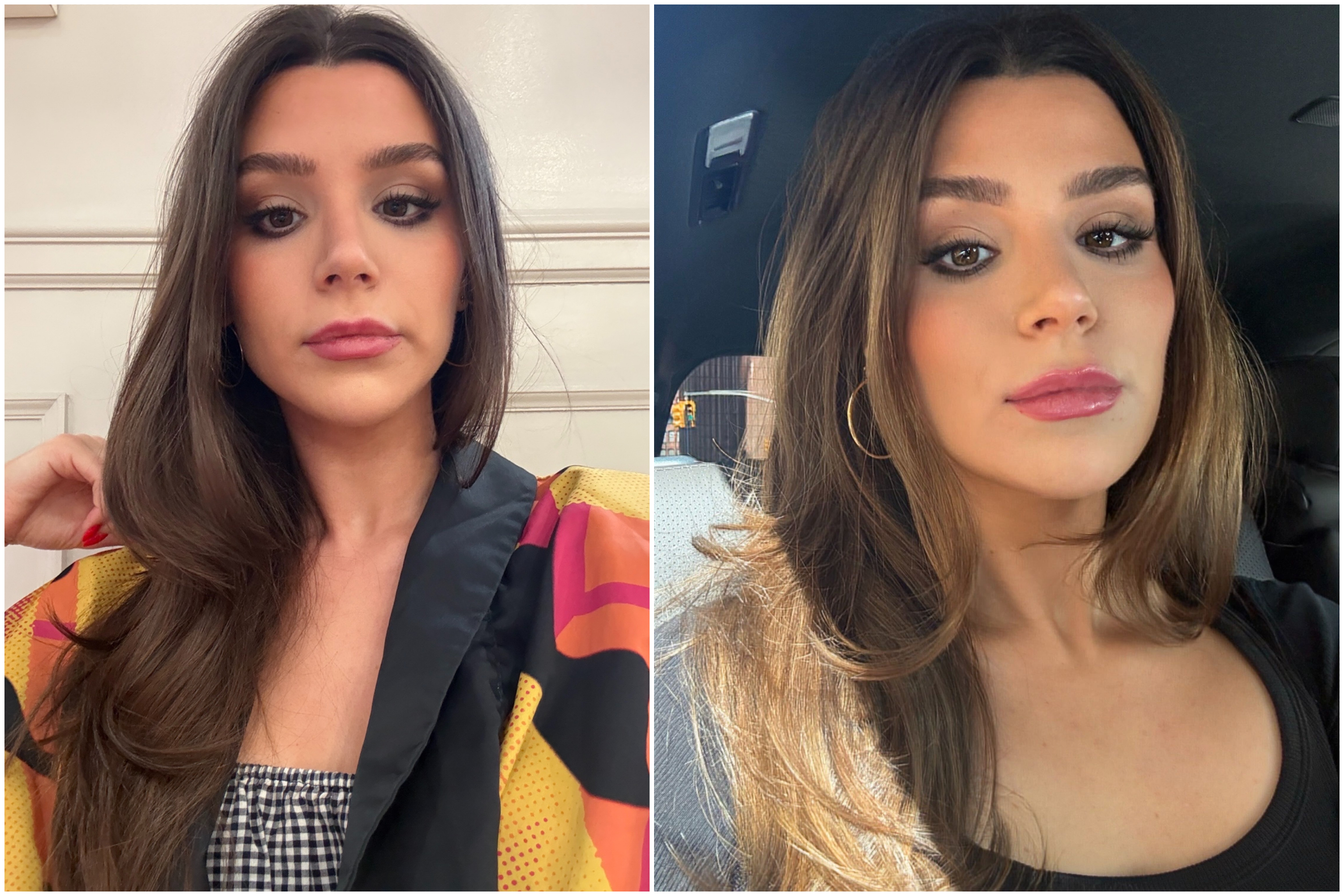 a girl in a colorful robe and a gingham doen dress with dark long brown hair next to the same girl in a car with lighter espresso brunette hair