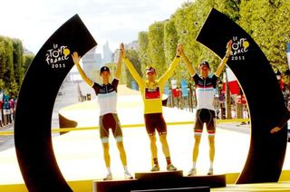 Cadel Evans (BMC) beat Andy and Frank Schleck to win the Tour de France.